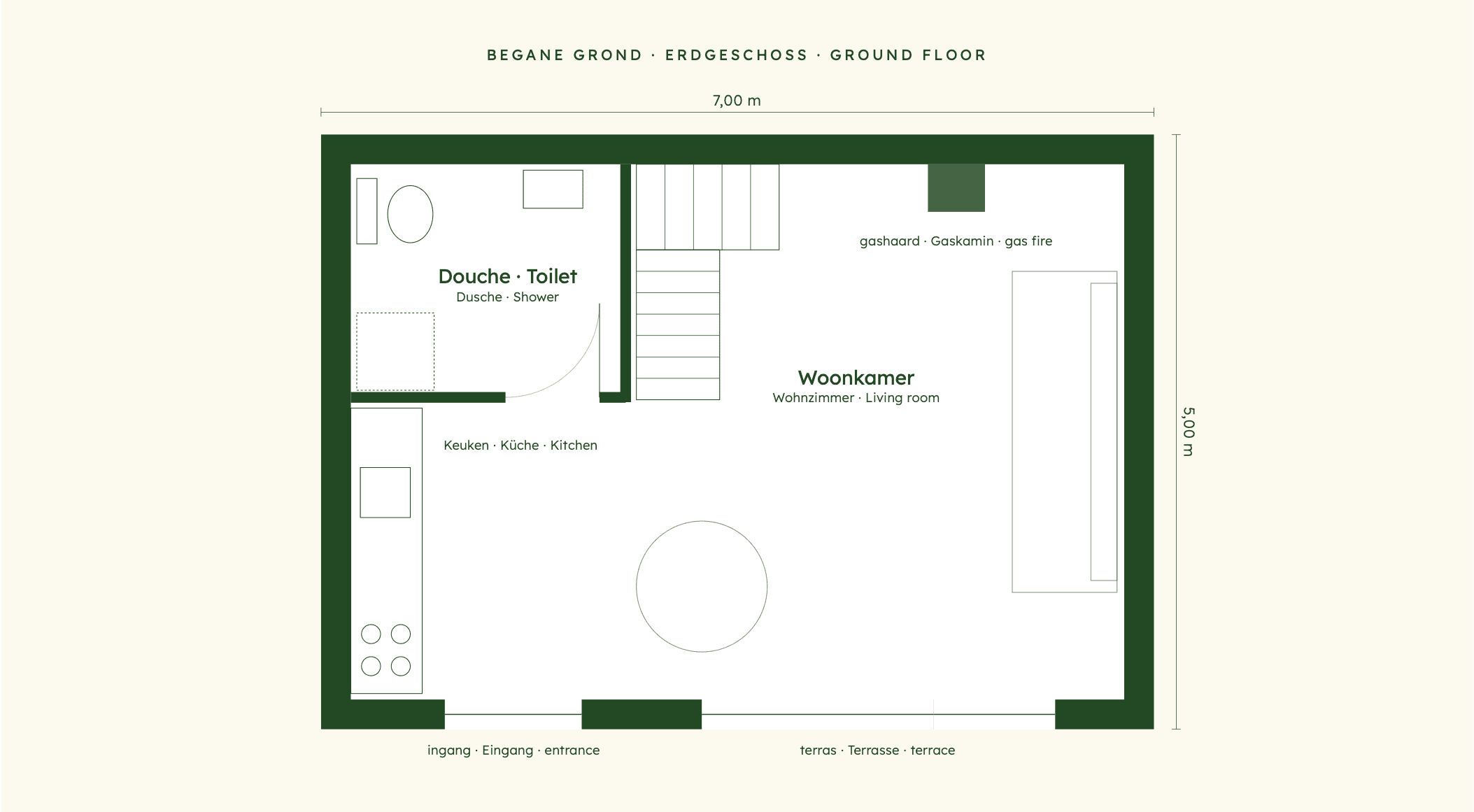 Plattegrond Beach Cottage — begane grond met woonkamer, keuken en badkamer